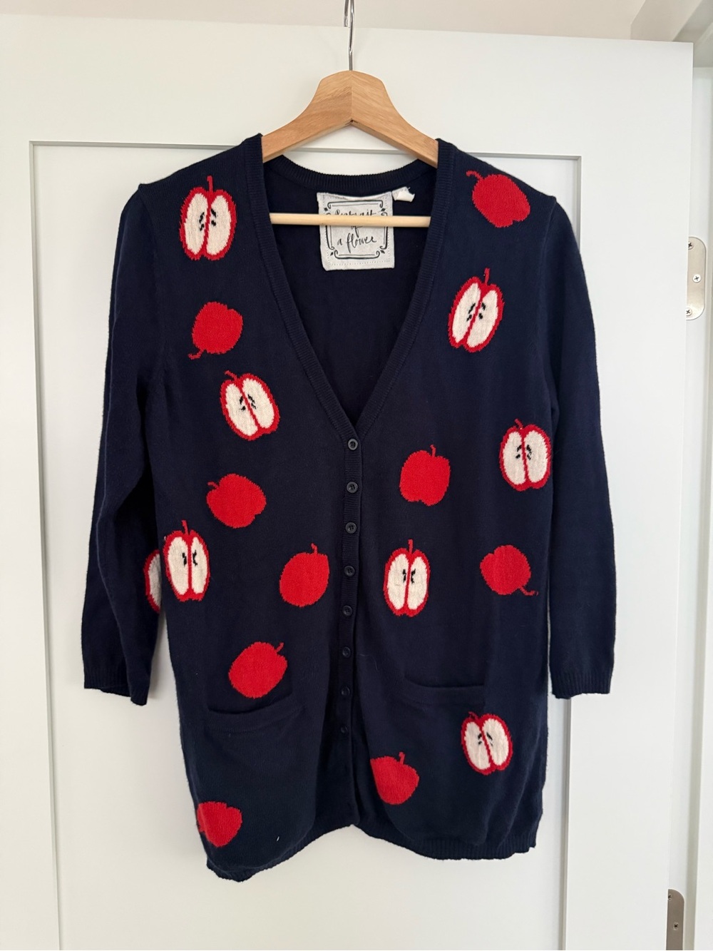 Navy Apple-Print Cardigan Sweater